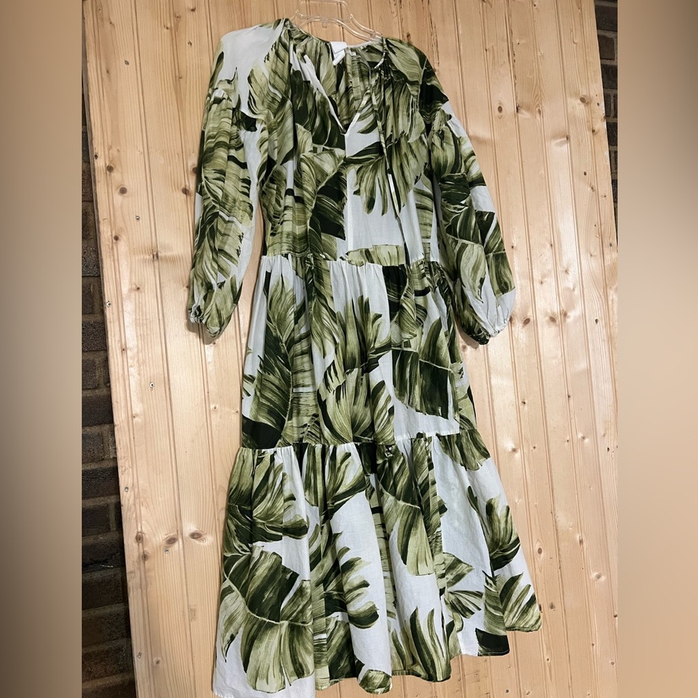 H&M green and white botanical palm print balloon sleeve maxi dress - Picture 7 of 8